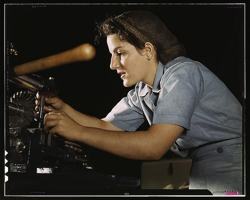 Mary Louise Stepan, 21, used to be a waitress. She has a brother in the air corps. She is functioning on transport parts in the hand mill, Consolidated Aircraft Corp., Fort Worth, Texas (LOC)