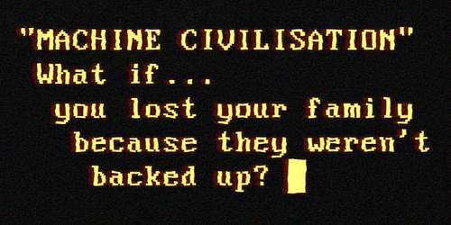 “MACHINE CIVILISATION” What if… you lost your family due to the fact they weren’t backed up? – – – – Animated GIF version, where you can luxuriate in the flicker and glitches: http://bit.ly/Vv2f9s Amber terminal capture thanks to the exquisite nostalgia of Secr